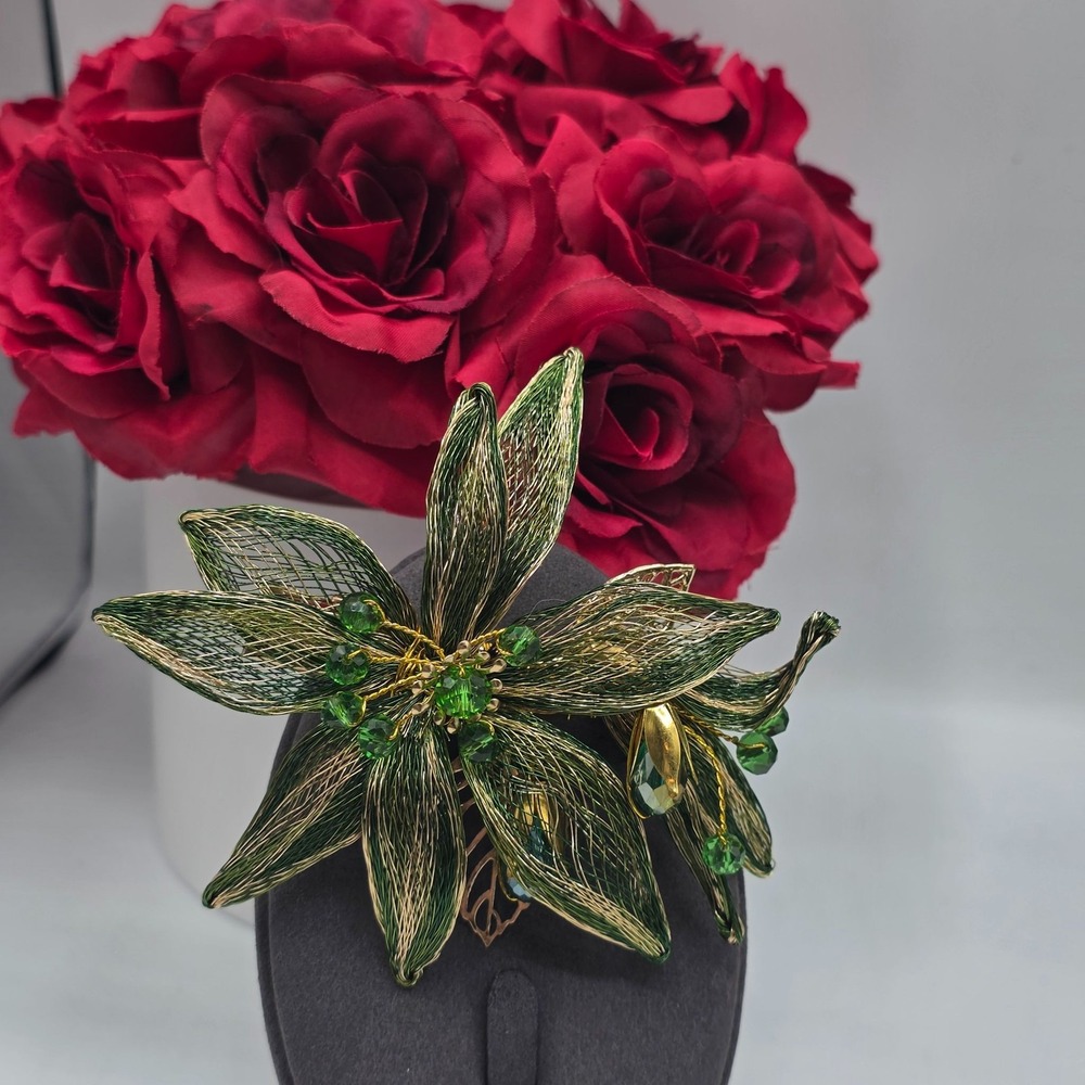 Wire Flower Hair Clip Green Goldβ Crystal Elegant Hair Accessory Women